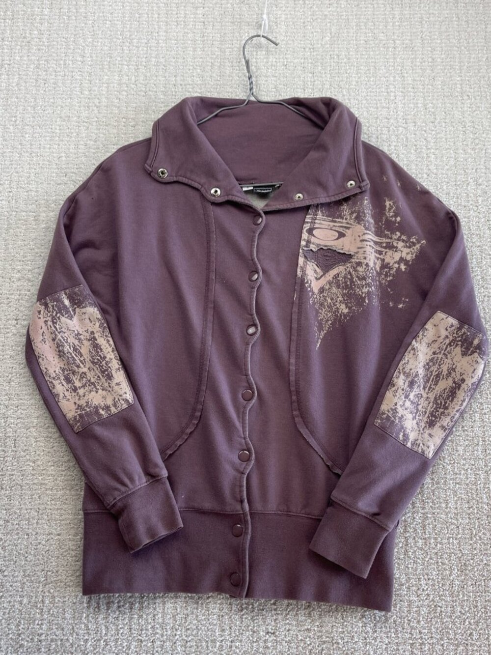 Y2K Oakley Button Up Sweatshirt Dusry Purple Distressed Grunge Sz S Skater 2000'